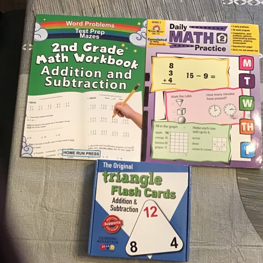 Lot of 3 Math Leaning Items--2d Gr Workbks (Both New), Triangle Flash Cards +, -